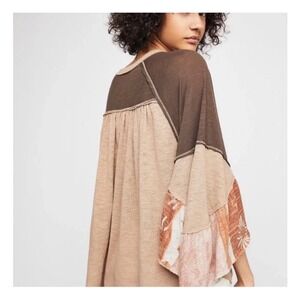 We The Free People Brown Beige Ruffle Sleeve‎ Tunic Top Boho Chic